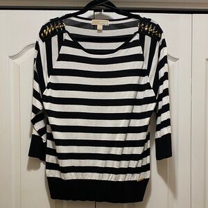 MICHAEL Michael Kors Black and White Striped Sweater with Gold Accents